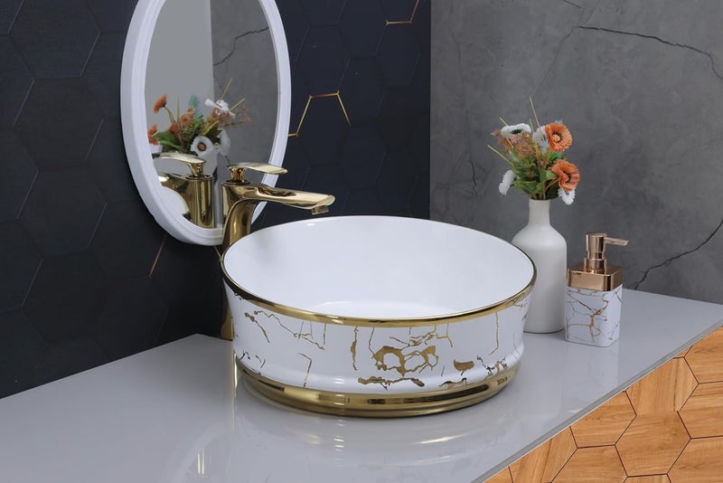 ACRAVIT CERAMIC Designer Table Top Ceramic Wash Basin Vessel Sink with Slim Rim Collapsible Countertop Basin OverCounter Bathroom Sink White Golden 418 X 418 170 MM - Image 2