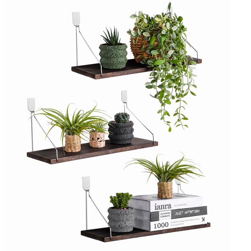 MITIME Floating Shelves Set of 3 Rustic Solid Wood Floating Shelf Wall Storage Shelves for Living Room, Bedroom, Bathroom, Kitchen Laundry, Office.no Drill Shelf(Retro Color L+L+L) - Image 1