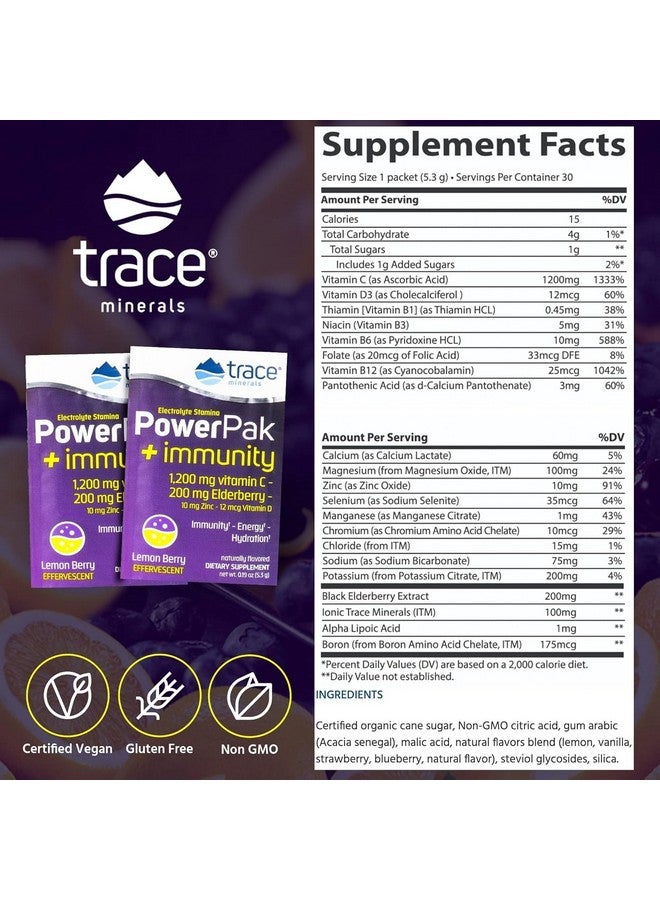 Trace Minerals PowerPak Plus Immunity - Hydration Support Supplement - Vitamin & Mineral Powder with Elderberry - Powder Packet to Aid Immunity & Energy - Fizzy Lemon Berry (30 Servings) - Image 2