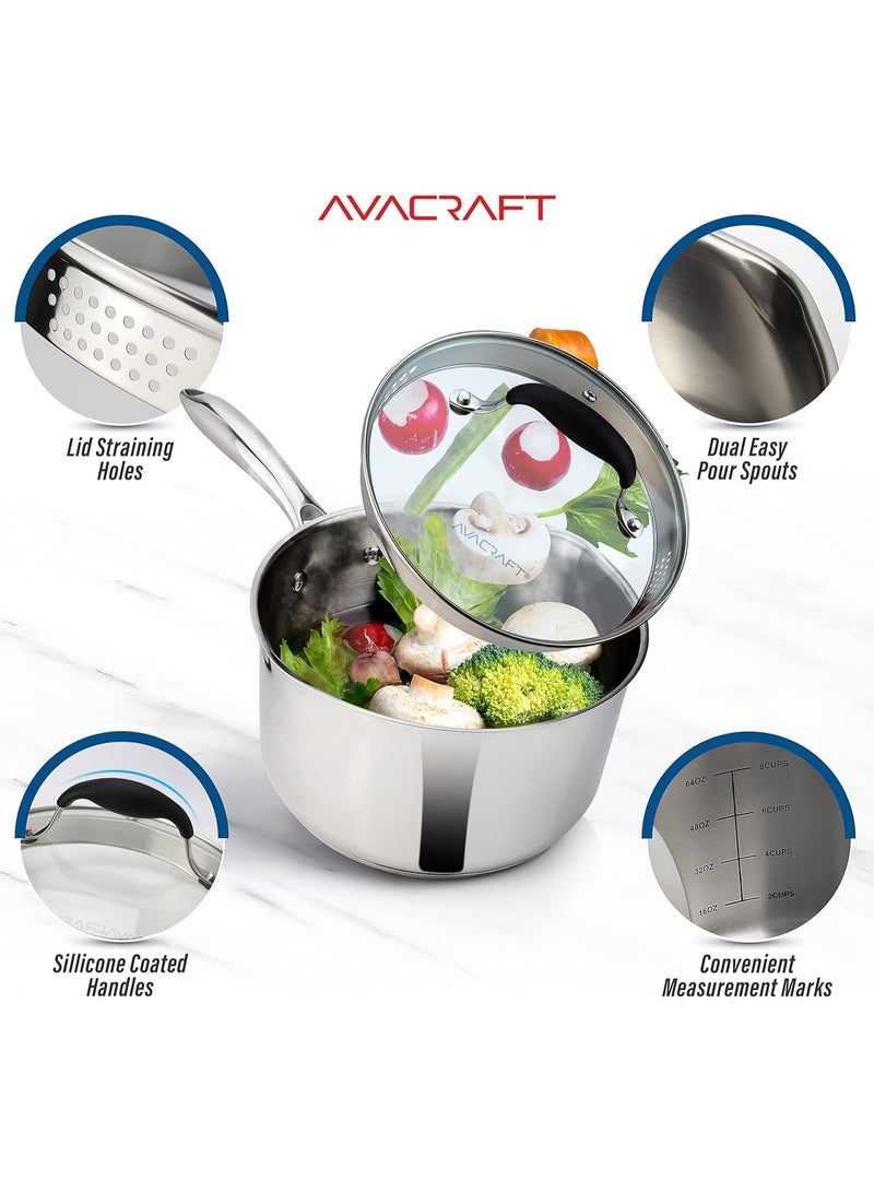 AVACraft وعاء طهي من الفولاذ المقاوم للصدأ AVACRAFT مع غطاء زجاجي مزود بمصفاة، وفتحتين جانبيتين لصب سهل مع مقبض مريح، وعاء صلصة متعدد الاستخدامات (قاعدة كبسولة 5 طبقات، 2.5 لتر) - Image 5