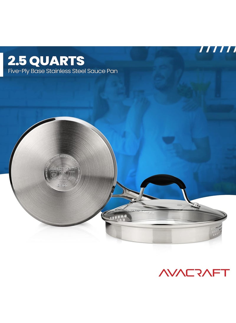 AVACraft وعاء طهي من الفولاذ المقاوم للصدأ AVACRAFT مع غطاء زجاجي مزود بمصفاة، وفتحتين جانبيتين لصب سهل مع مقبض مريح، وعاء صلصة متعدد الاستخدامات (قاعدة كبسولة 5 طبقات، 2.5 لتر) - Image 3
