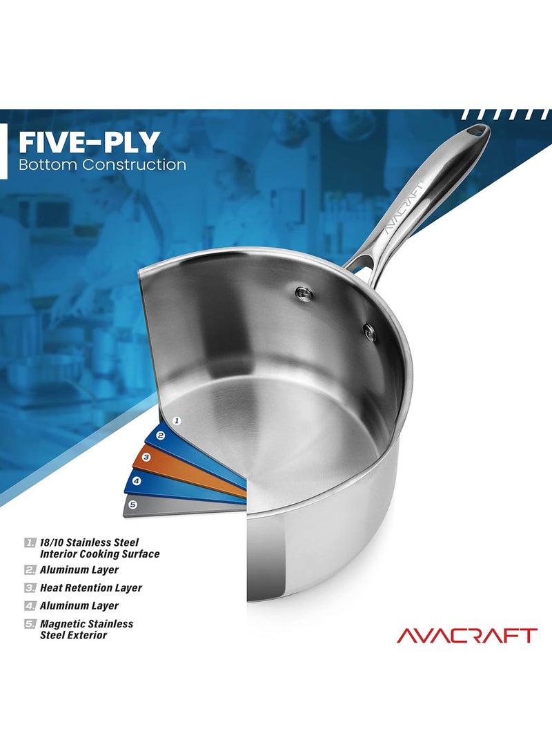 AVACraft وعاء طهي من الفولاذ المقاوم للصدأ AVACRAFT مع غطاء زجاجي مزود بمصفاة، وفتحتين جانبيتين لصب سهل مع مقبض مريح، وعاء صلصة متعدد الاستخدامات (قاعدة كبسولة 5 طبقات، 2.5 لتر) - Image 4