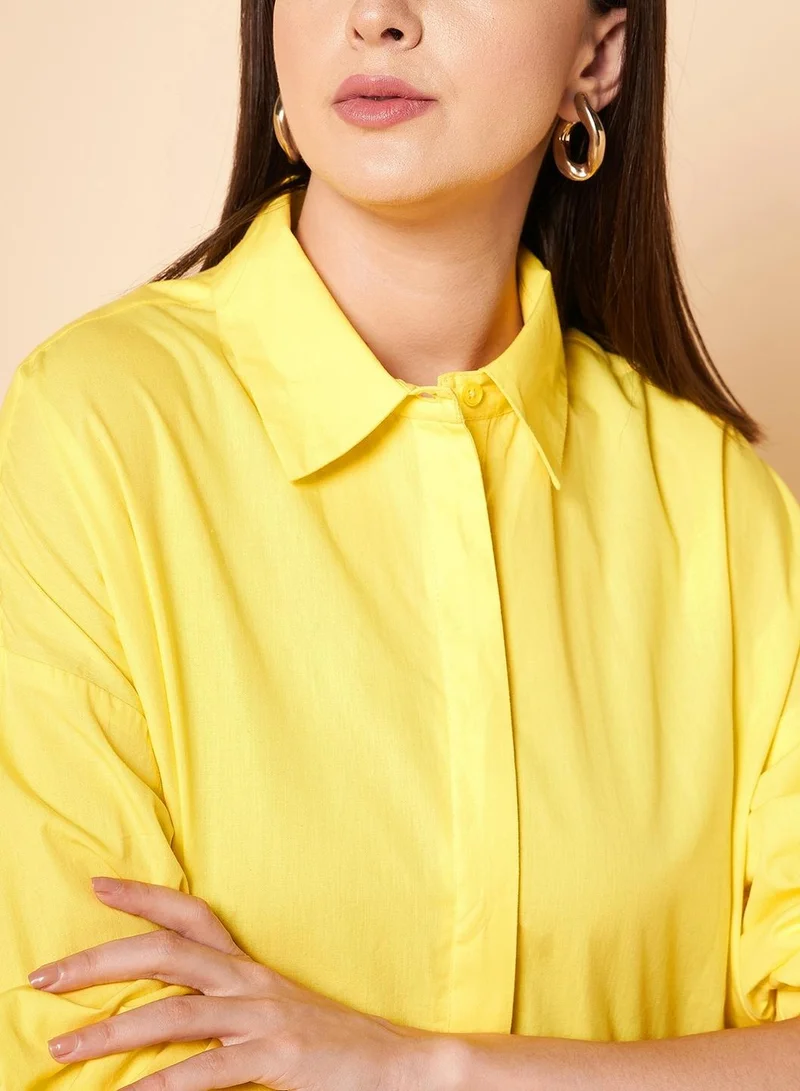 هاي ستار Oversized Solid Cotton Casual Shirt for Women