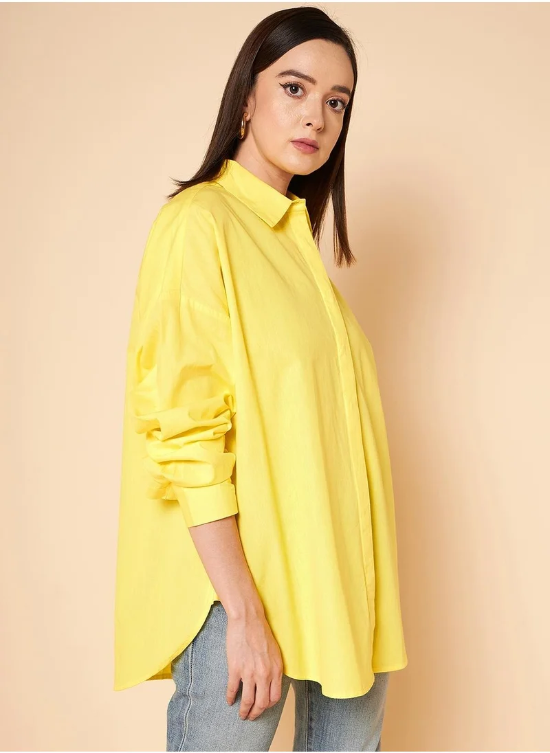 هاي ستار Oversized Solid Cotton Casual Shirt for Women