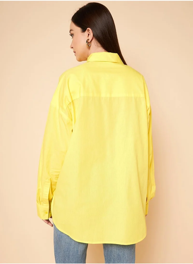 هاي ستار Oversized Solid Cotton Casual Shirt for Women