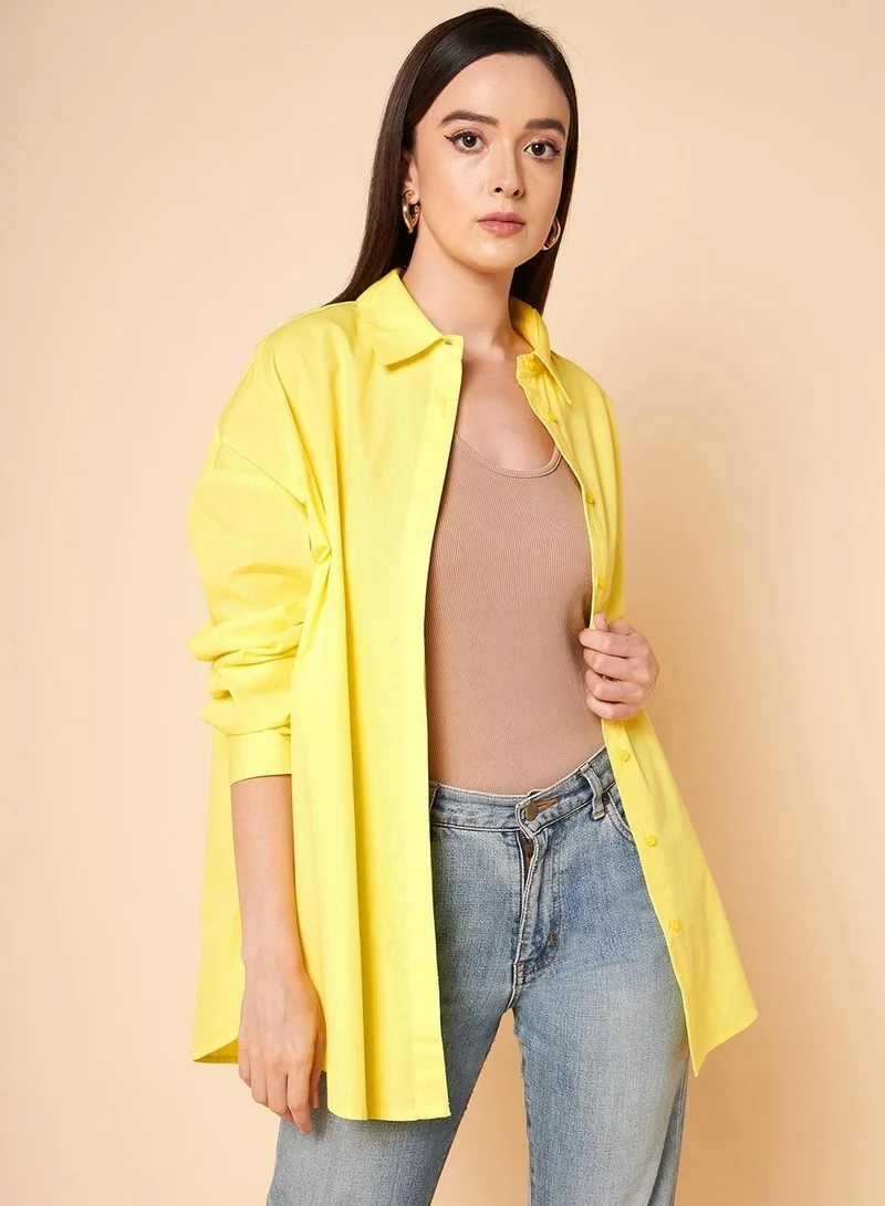 هاي ستار Oversized Solid Cotton Casual Shirt for Women
