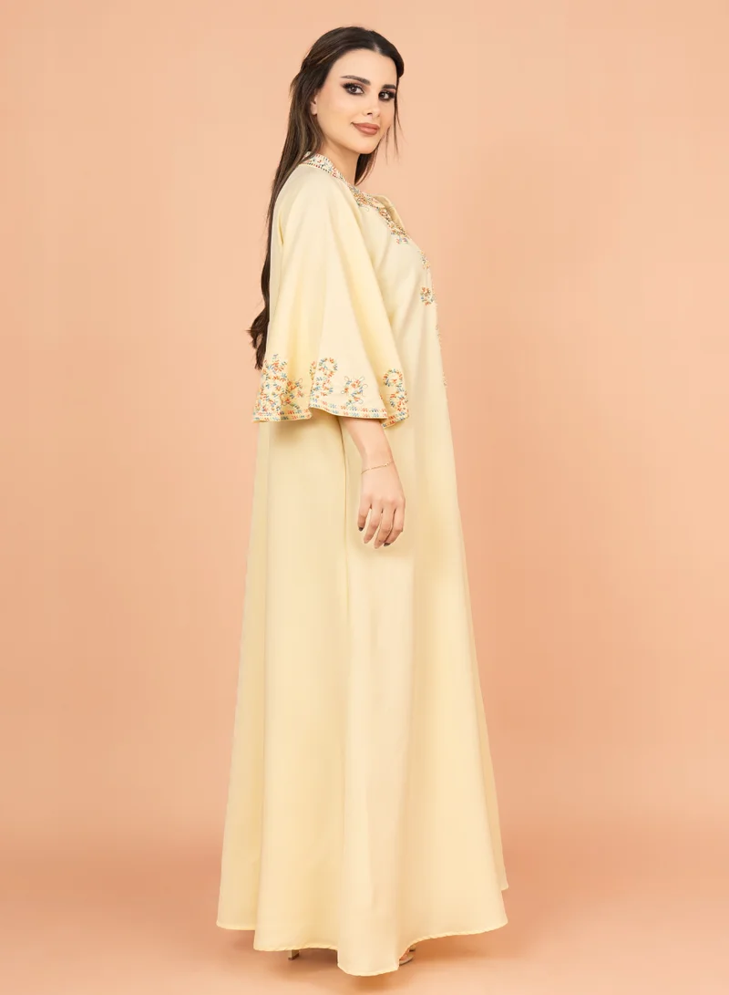 IKKXA FreeSize Solid Jalabiya with Intricate Embroidery IK4006 Yellow