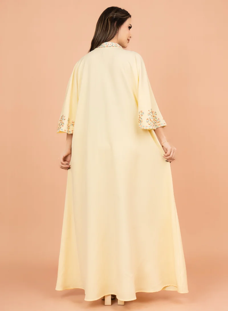 IKKXA FreeSize Solid Jalabiya with Intricate Embroidery IK4006 Yellow