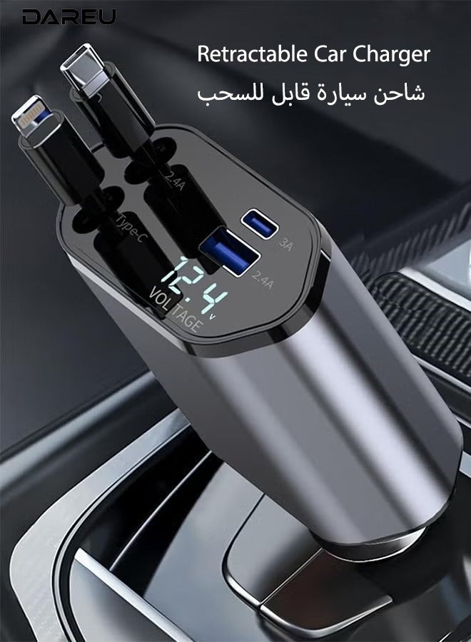 DAREU Upgraded 4-in-1 Retractable Car Charger 120W – Fast Charging USB-C & Lightning Cable for iPhone, Samsung, Pixel, Google & More – Dual Port 12V-24V Vehicle Adapter - Image 1
