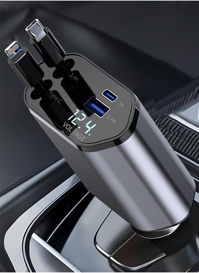 داريو - شاحن سيارة قابل للسحب مطور 4 في 1: محول شحن سريع بقوة ١٢٠ واط مع USB-C وLightning، متوافق مع ايفون ١٥/١٥ برو ماكس/١٤/١٣/١٢/١١، جالاكسي، بيكسل، جوجل - Image 1