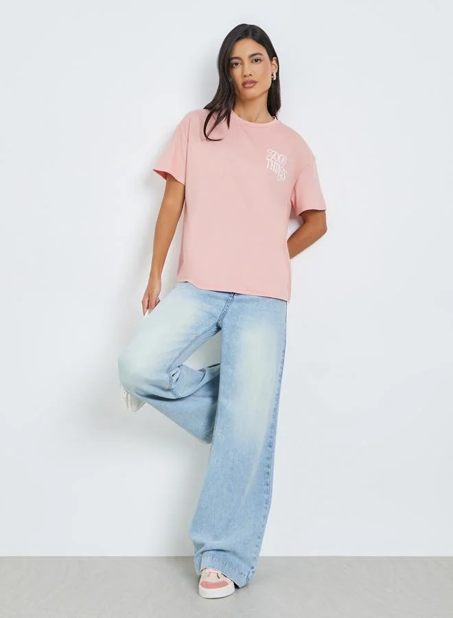 Styli Pink Slogan Print Oversized Short Sleeve T-Shirt