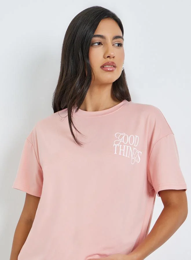 Styli Pink Slogan Print Oversized Short Sleeve T-Shirt