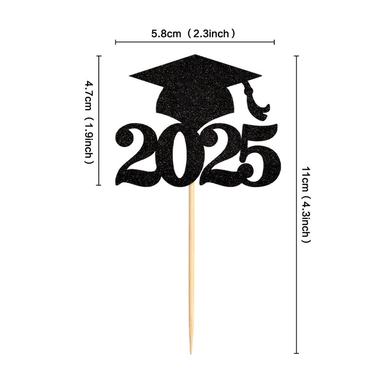 Ercadio 36 Pack Black Glitter 2025 Graduation Cap Cupcake Toppers Class of 2025 Grad Cap Cupcake Picks for 2025 Graduation Theme Party Cake Decorations Supplies - Image 2