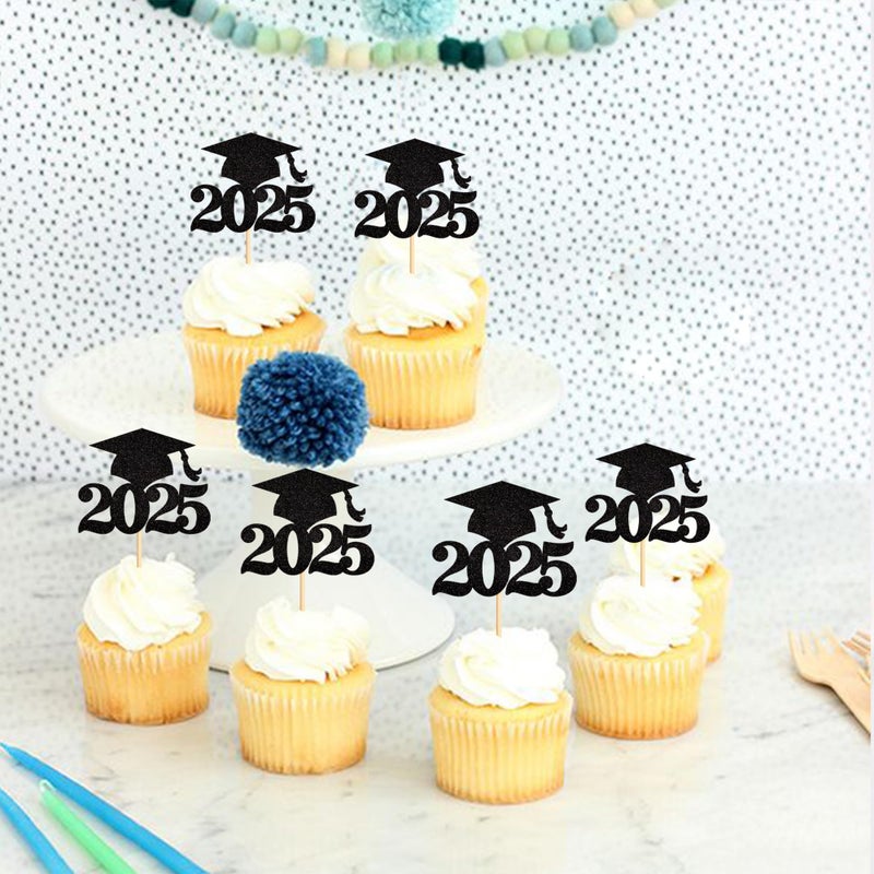 Ercadio 36 Pack Black Glitter 2025 Graduation Cap Cupcake Toppers Class of 2025 Grad Cap Cupcake Picks for 2025 Graduation Theme Party Cake Decorations Supplies - Image 5