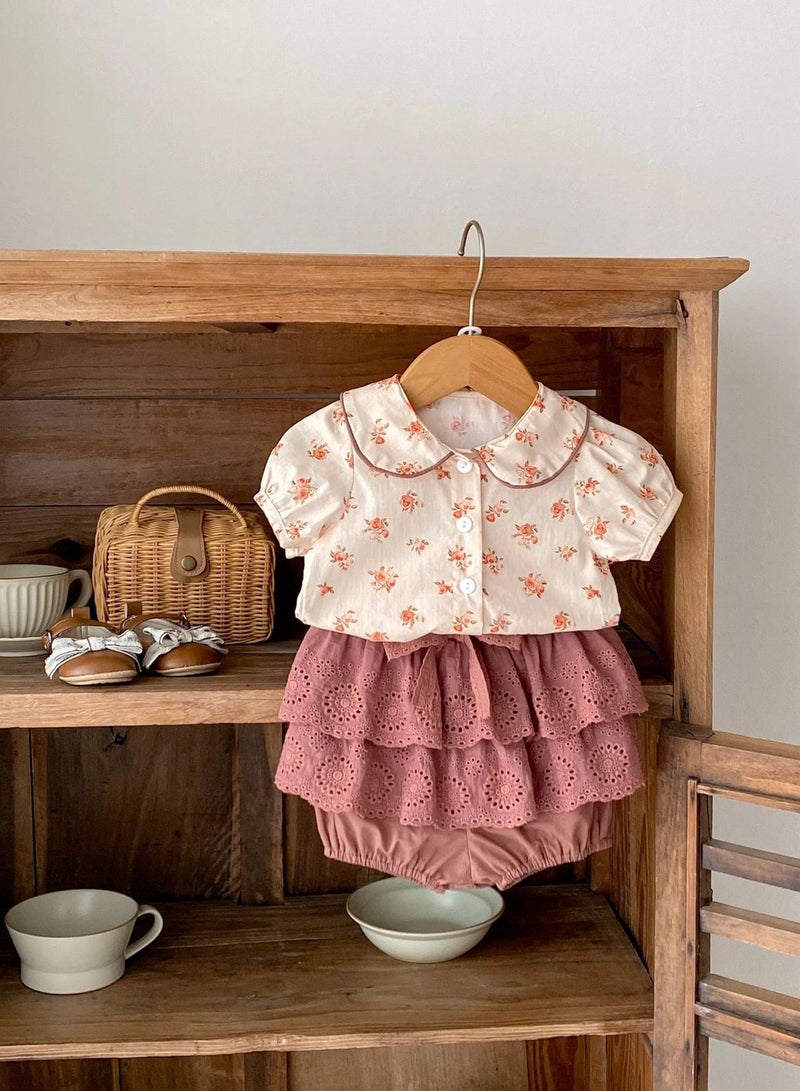 Joy For Kids Floral Baby Girl 2-Piece Summer Set – Short Sleeve Top + Ruffled Skirt | Cotton | 7–18 Months - Image 1