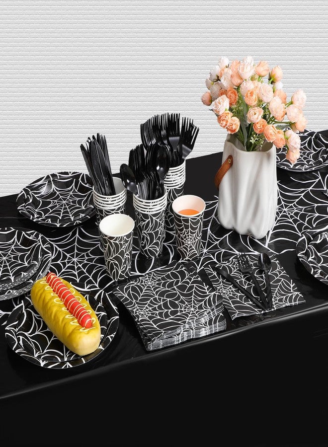 Oudain 162 Pcs Spiderweb Halloween Party Decoration Black White Spider Web Rectangular Tablecloth Disposable Plates Napkins Cups Forks Spoons Knifes Tableware Set for Birthday Party Supplies - Image 5