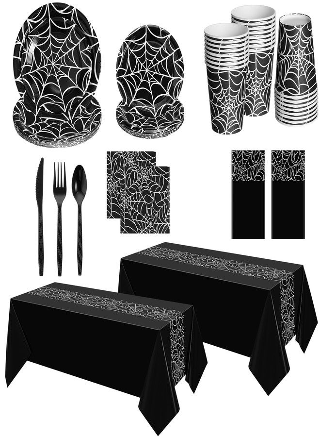 Oudain 162 Pcs Spiderweb Halloween Party Decoration Black White Spider Web Rectangular Tablecloth Disposable Plates Napkins Cups Forks Spoons Knifes Tableware Set for Birthday Party Supplies - Image 1