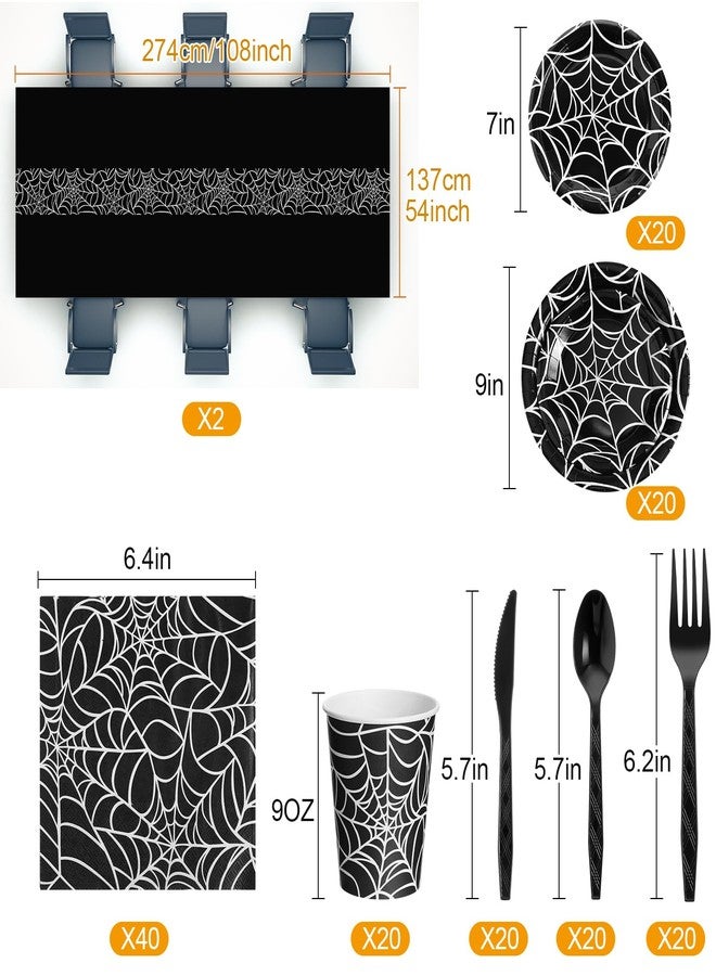 Oudain 162 Pcs Spiderweb Halloween Party Decoration Black White Spider Web Rectangular Tablecloth Disposable Plates Napkins Cups Forks Spoons Knifes Tableware Set for Birthday Party Supplies - Image 2