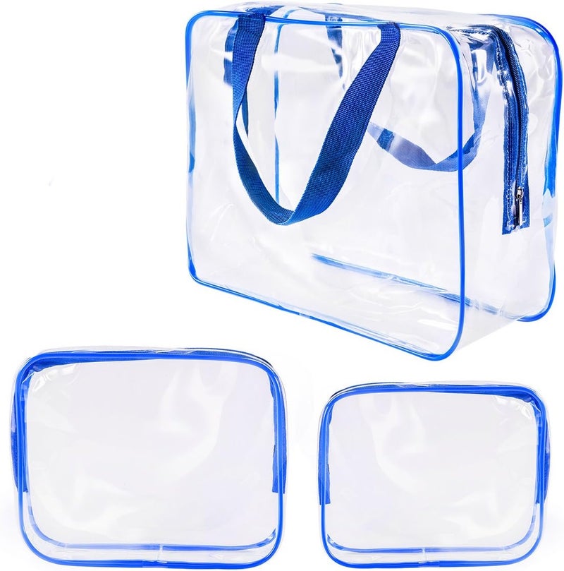 Roybens 3Pcs Crystal Clear PVC Travel Toiletry Bag Kit for Men Women, Waterproof Vinyl Packing Organizer Storage Bag with Zipper Closure and Handle Straps, Cosmetic Pouch, Diaper Bag, Handbag Pencil Bag - Image 1
