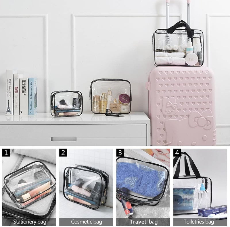 Roybens 3Pcs Crystal Clear PVC Travel Toiletry Bag Kit for Men Women, Waterproof Vinyl Packing Organizer Storage Bag with Zipper Closure and Handle Straps, Cosmetic Pouch, Diaper Bag, Handbag Pencil Bag - Image 5