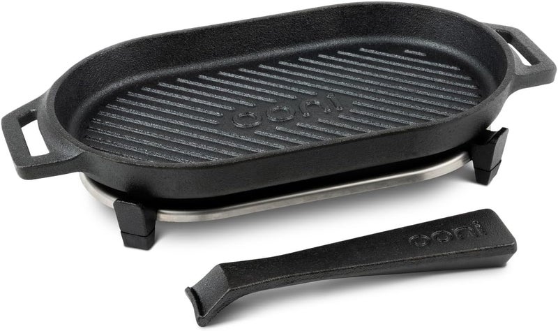 ooni Cast Iron Grizzler Pan - Grill Frying Pan, 12" x 6" Griddle Plate with Removable Handle and Stainless Steel Trivet, Pre-Seasoned Non-Stick Oven Safe Cookware, Pizza Oven and BBQ Accessories - Image 2