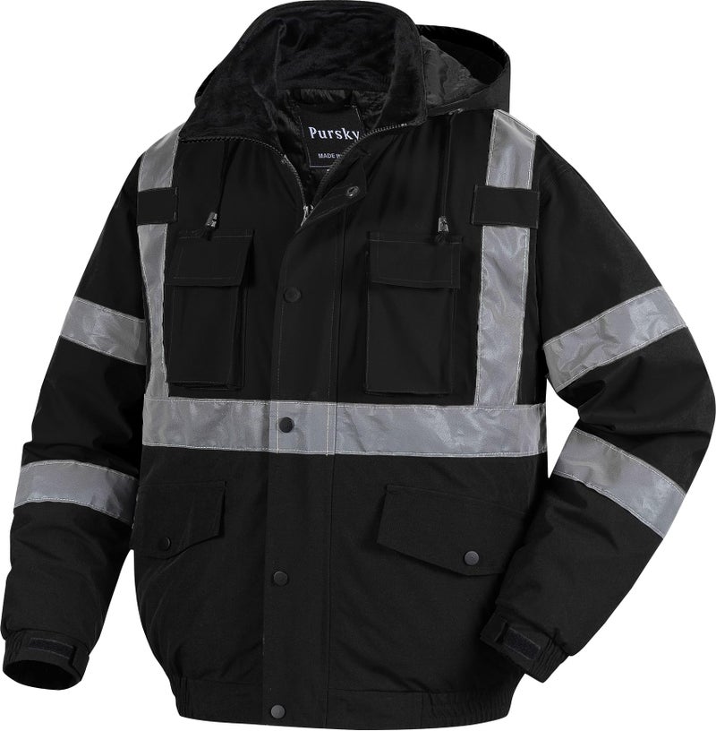 Pursky High Vis Visibility Rain Jacket Construction Reflective Winter Safety Insulated Jackets Waterproof Winter Bomber Coat Black 3XL - Image 1