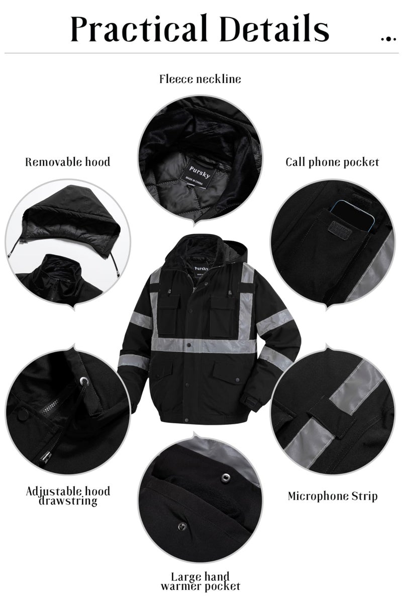 Pursky High Vis Visibility Rain Jacket Construction Reflective Winter Safety Insulated Jackets Waterproof Winter Bomber Coat Black 3XL - Image 5