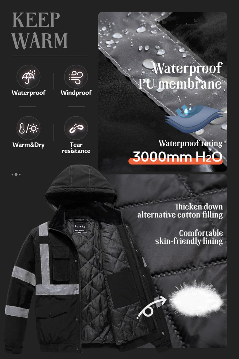 Pursky High Vis Visibility Rain Jacket Construction Reflective Winter Safety Insulated Jackets Waterproof Winter Bomber Coat Black 3XL - Image 3