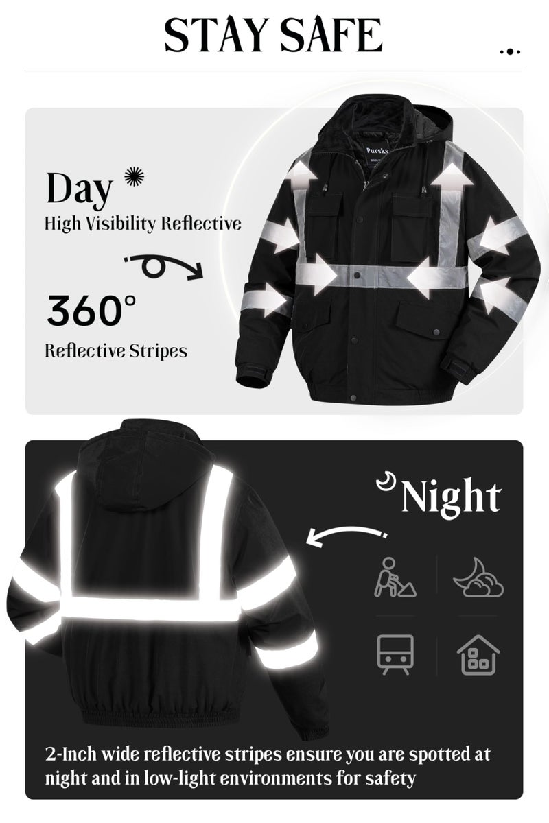 Pursky High Vis Visibility Rain Jacket Construction Reflective Winter Safety Insulated Jackets Waterproof Winter Bomber Coat Black 3XL - Image 4
