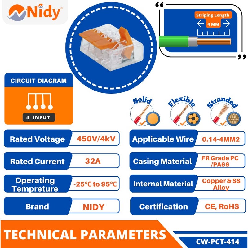 Nidy 5Pcs Compact Lever Wire Nut Connector 4 Port Splicing Wire Connector Universal Quick Wiring Cable Connection Pushin Conductor Terminal Block Reusable CE RoHS Certified 2412 AWG - Image 2
