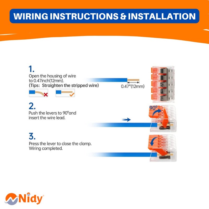 Nidy 5Pcs Compact Lever Wire Nut Connector 4 Port Splicing Wire Connector Universal Quick Wiring Cable Connection Pushin Conductor Terminal Block Reusable CE RoHS Certified 2412 AWG - Image 5
