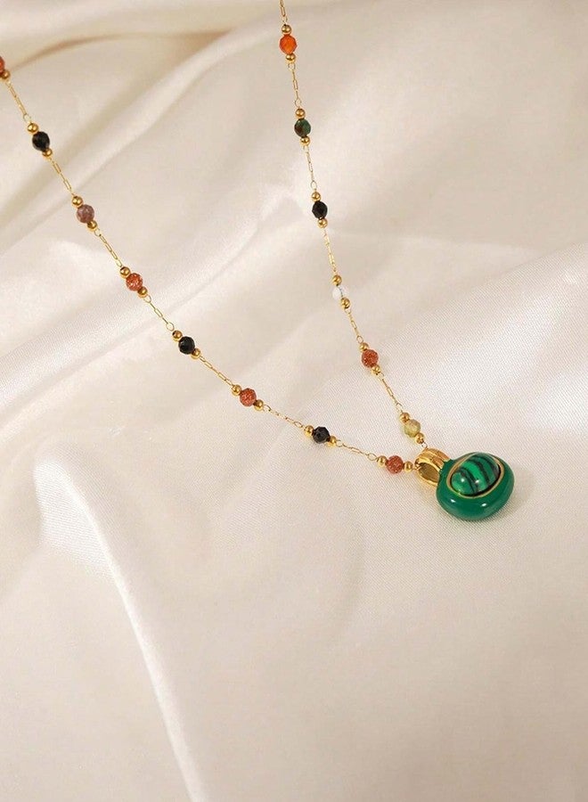 Karmiir Women's Pendant Necklace Beaded Natural Stones with Malachite/White Shell Pendant -18K Gold-Plated Non-tarnish Necklace 18" + 2” Extension Dainty Jewelry, Stone, natural stone - Image 5