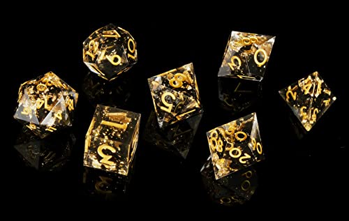 YEMEKO DND Dice Set Handmade 7 Accessories Sharp Edge Dice for Dungeons and Dragons TTRPG Games MultiSided RPG Polyhedral Resin Sharp Edge Dice Roleplaying Games Black Gold - Image 1