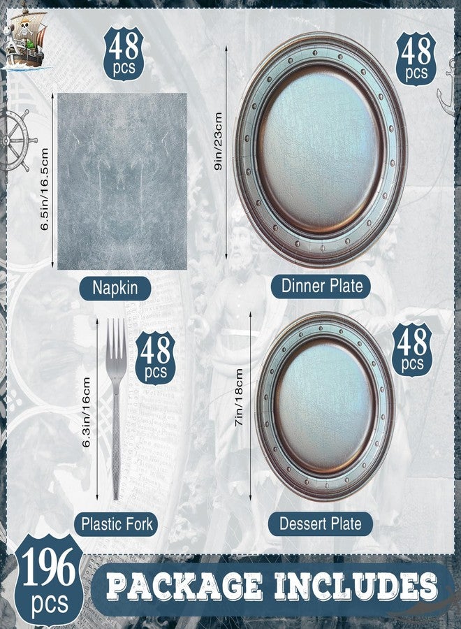 Jingmore 192 Pcs Medieval Party Supplies Disposable Paper Pewter Tableware Set for Castle Pirate Birthday Party Vintage Dinner Round Silver Grey Paper Plates Napkins Fork - Image 2