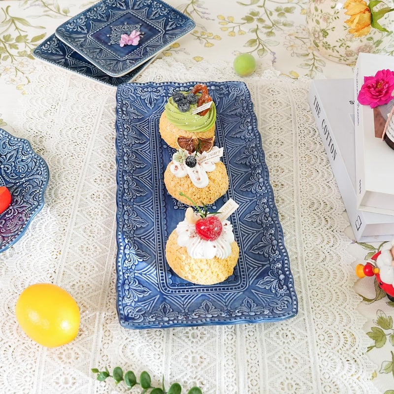 Sungmor Embossed Stoneware Fine Dining Dinnerware Antique Baroque Style 14 Long Rectangular Porcelain Serving Platter Set of 2 Sophisticated Ceramic Dish for Party Cookies Fruit Cheeses  Dessert - Image 4