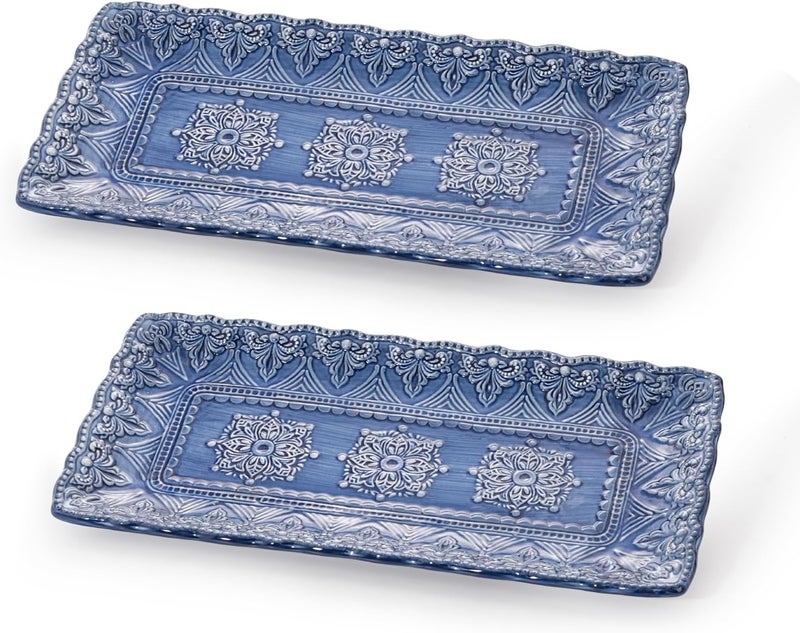 Sungmor Embossed Stoneware Fine Dining Dinnerware Antique Baroque Style 14 Long Rectangular Porcelain Serving Platter Set of 2 Sophisticated Ceramic Dish for Party Cookies Fruit Cheeses  Dessert - Image 1