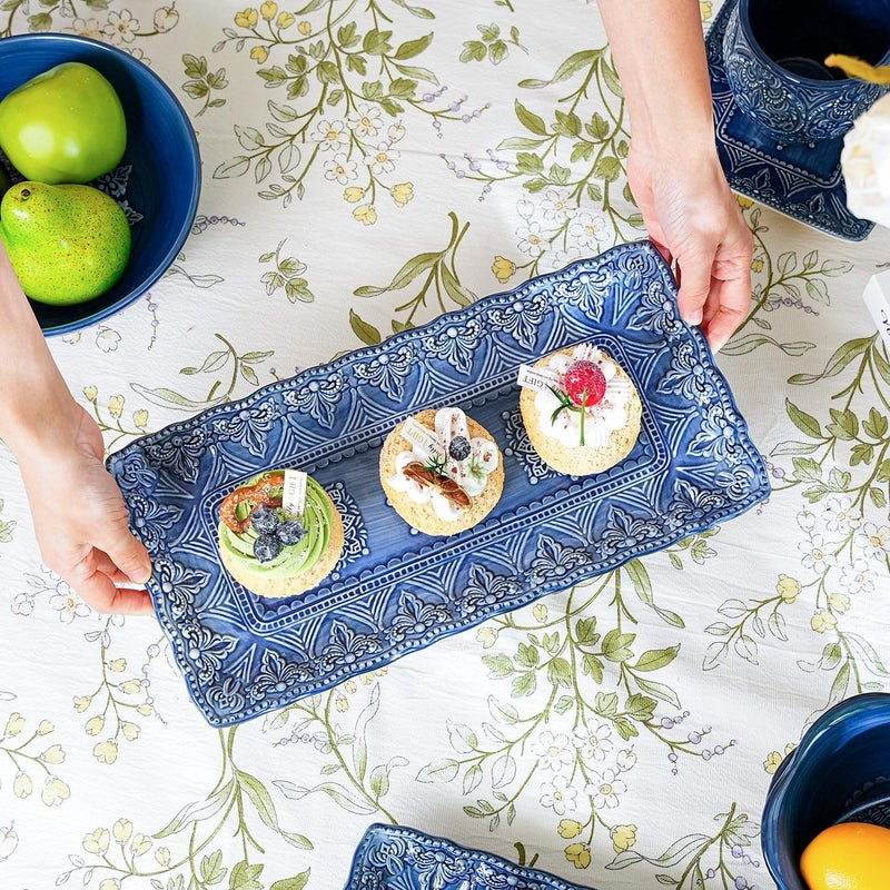 Sungmor Embossed Stoneware Fine Dining Dinnerware Antique Baroque Style 14 Long Rectangular Porcelain Serving Platter Set of 2 Sophisticated Ceramic Dish for Party Cookies Fruit Cheeses  Dessert - Image 3