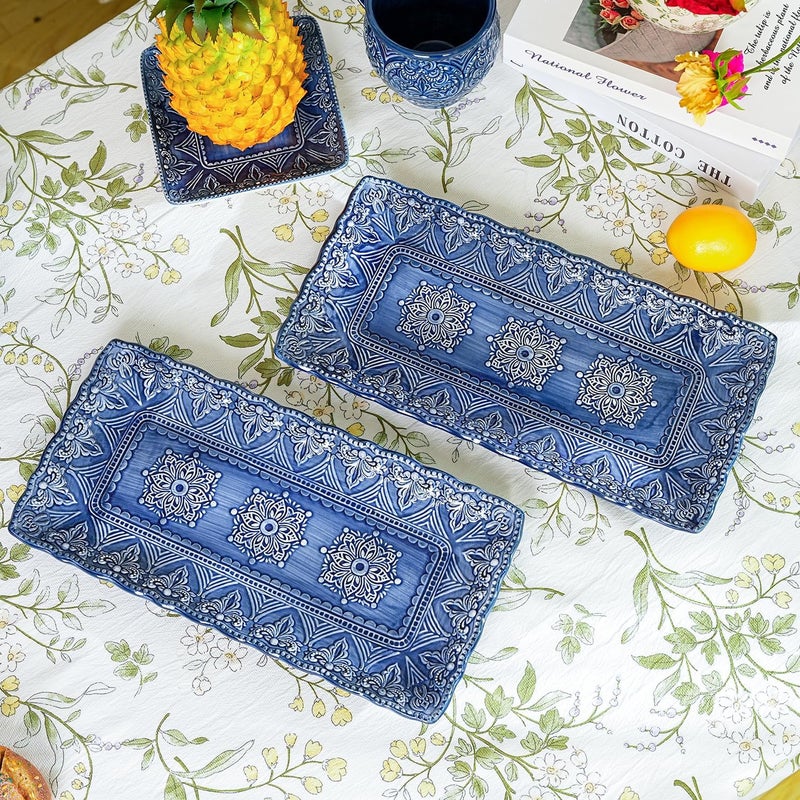 Sungmor Embossed Stoneware Fine Dining Dinnerware Antique Baroque Style 14 Long Rectangular Porcelain Serving Platter Set of 2 Sophisticated Ceramic Dish for Party Cookies Fruit Cheeses  Dessert - Image 2