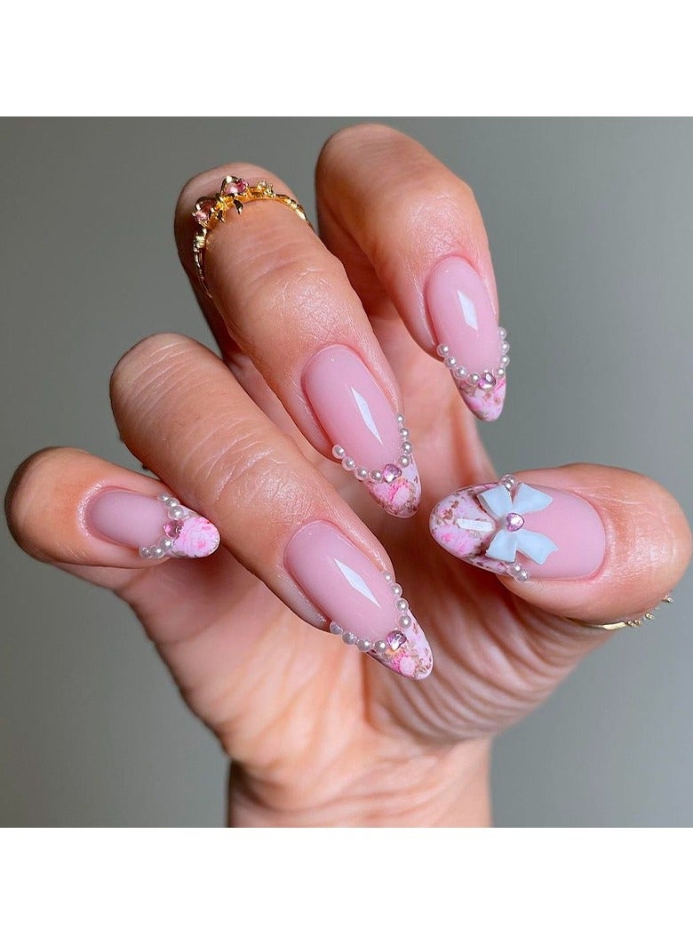 JOSQUEWNN Press On Nails 24pcs, New French Gradient Design with Pearl Decorations and Bow Accents, Perfectly Create Elegant and Charming Nail Looks, Suitable for Various Occasions. Fake Acrylic Nails With Glue Kit. - Image 1