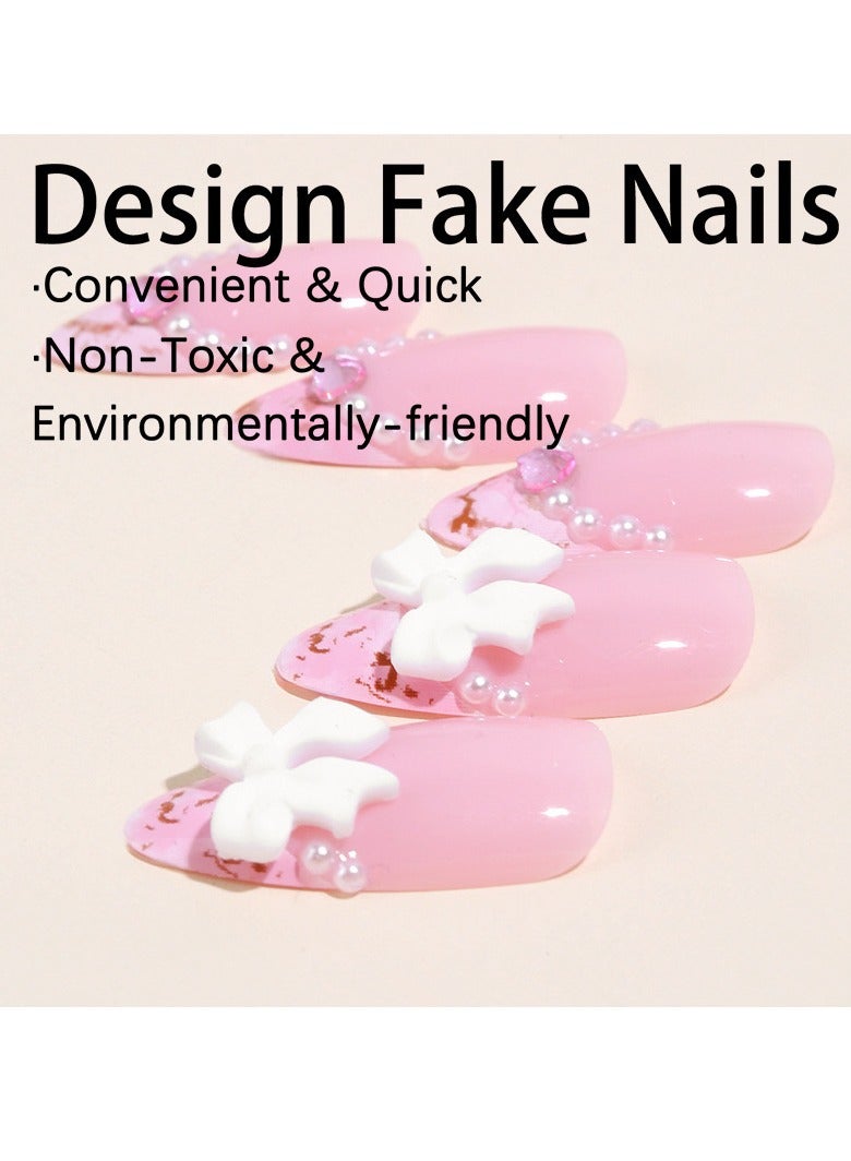 JOSQUEWNN Press On Nails 24pcs, New French Gradient Design with Pearl Decorations and Bow Accents, Perfectly Create Elegant and Charming Nail Looks, Suitable for Various Occasions. Fake Acrylic Nails With Glue Kit. - Image 2