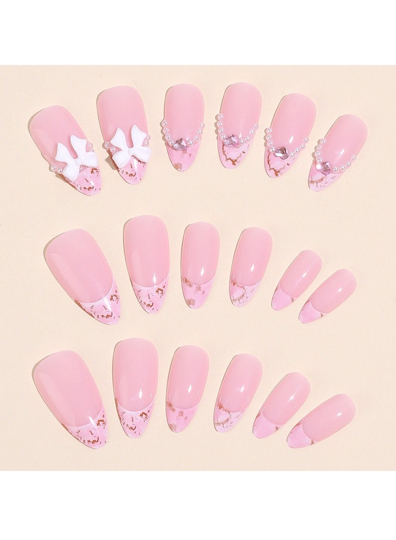 JOSQUEWNN Press On Nails 24pcs, New French Gradient Design with Pearl Decorations and Bow Accents, Perfectly Create Elegant and Charming Nail Looks, Suitable for Various Occasions. Fake Acrylic Nails With Glue Kit. - Image 3