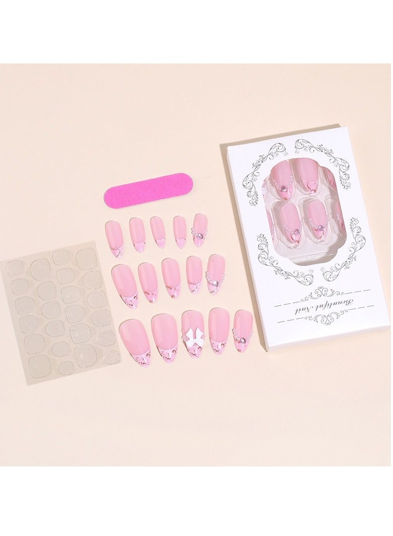 JOSQUEWNN Press On Nails 24pcs, New French Gradient Design with Pearl Decorations and Bow Accents, Perfectly Create Elegant and Charming Nail Looks, Suitable for Various Occasions. Fake Acrylic Nails With Glue Kit. - Image 5