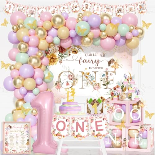 Hombae Fairy First Birthday Decorations Floral Enchanted Themed 1st Birthday Party Supplies Our Little Fairy is Turning One Backdrop Balloon Banner Cake Topper Box Crown Poster for One Year Old Girl - Image 1