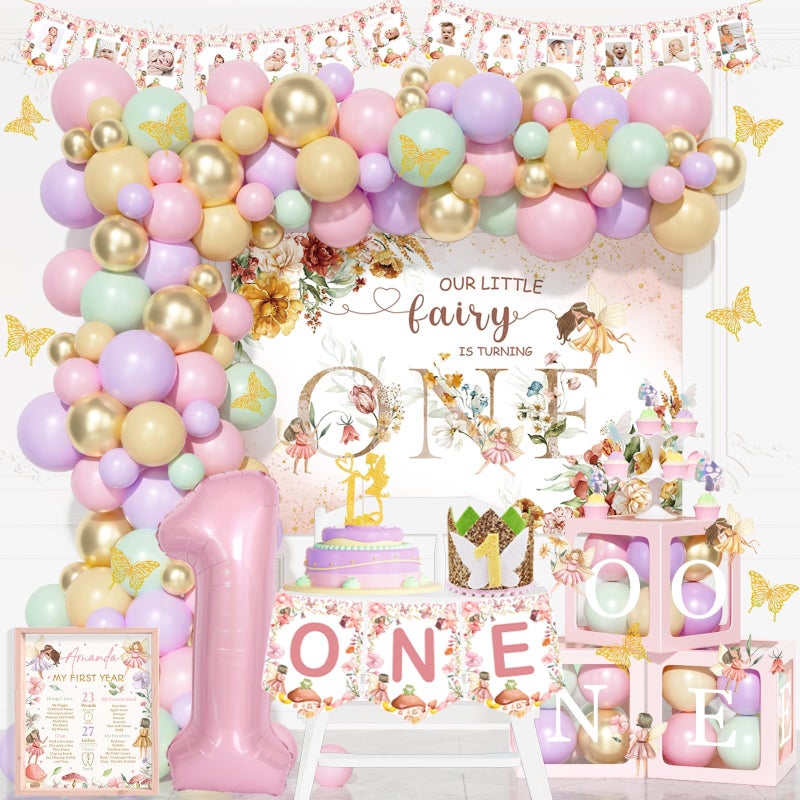 Hombae Fairy First Birthday Decorations Floral Enchanted Themed 1st Birthday Party Supplies Our Little Fairy is Turning One Backdrop Balloon Banner Cake Topper Box Crown Poster for One Year Old Girl - Image 2