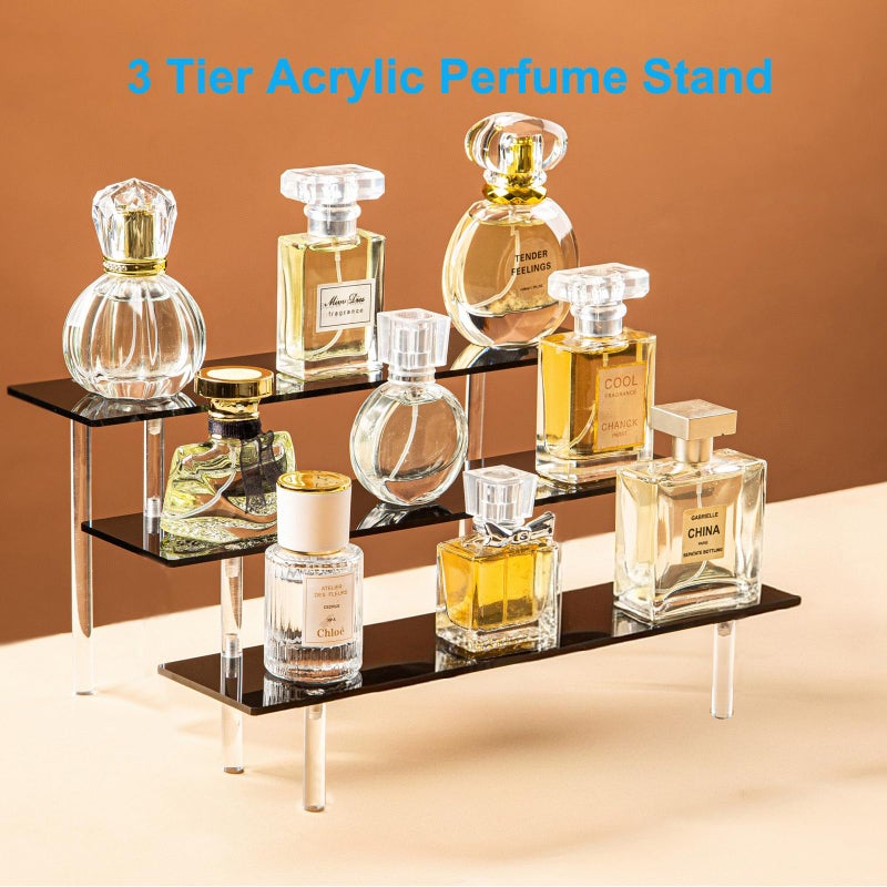 HENABLE 3 Tier Perfume Organizer Stand, Black Acrylic Risers Display Stands, Cologne Shelf Dessert Display for Party, Figure Stand Funko POP Shelves, Collection Cosmetic, Cupcake Stand Holder - Image 2