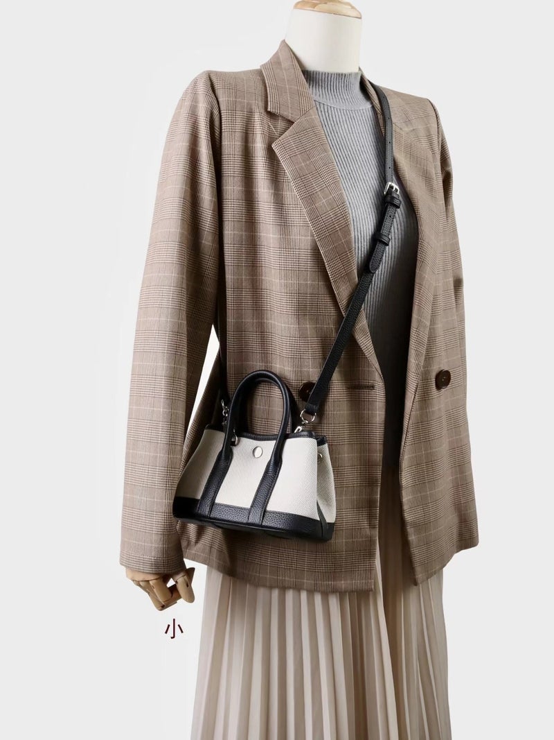 2025 Trendy New Top Layer Cowhide Contrast Canvas Portable Garden Bag High-End Western Style Shoulder Bag Casual Slant - Image 3