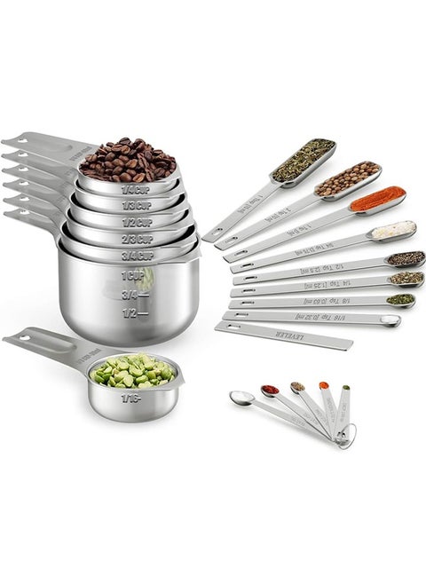 Measuring Cups & Spoons Set of 21 - Includes 7 Stainless Steel Nesting Measuring Cups, 8 Measuring Spoons, 1 Leveler & 5 Mini Measuring Spoons, Ideal for Dry and Liquid Ingredients