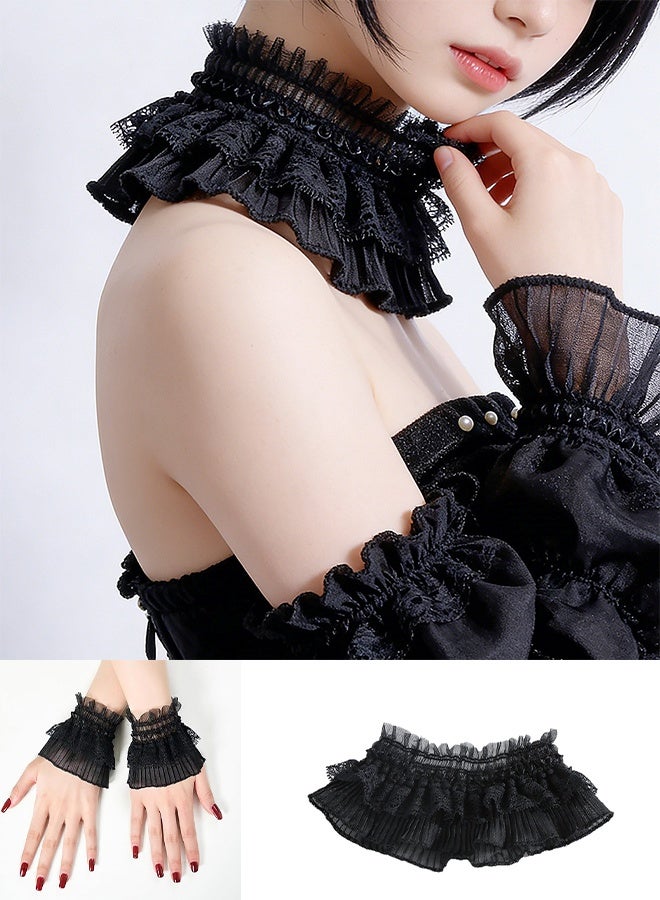 KANGLI 2PCS Black Lace Wrist Sleeves Set， Short Fingerless Glove And Choker， Hollow Out Sheer Floral Pattern Wedding Dress Accessories - Image 1