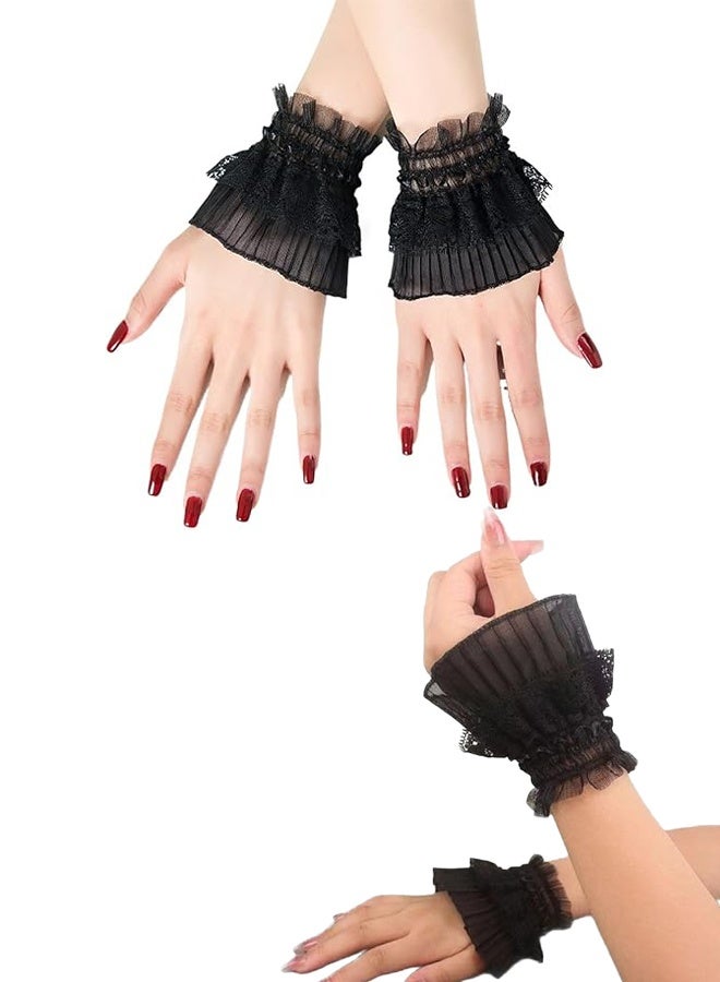 KANGLI 2PCS Black Lace Wrist Sleeves Set， Short Fingerless Glove And Choker， Hollow Out Sheer Floral Pattern Wedding Dress Accessories - Image 4