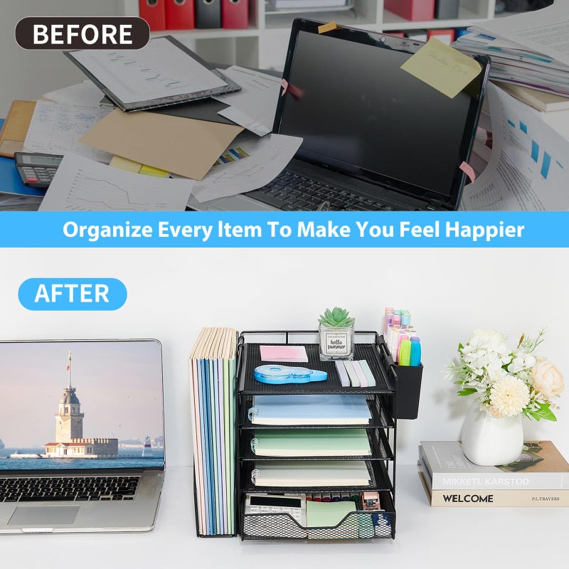 Gugsey Desk Organizer, 5-Tier Paper Letter Tray Organizer with File Holder, Drawer and Pen Holder, Desktop Organizer for Office Supplies, Black - Image 4